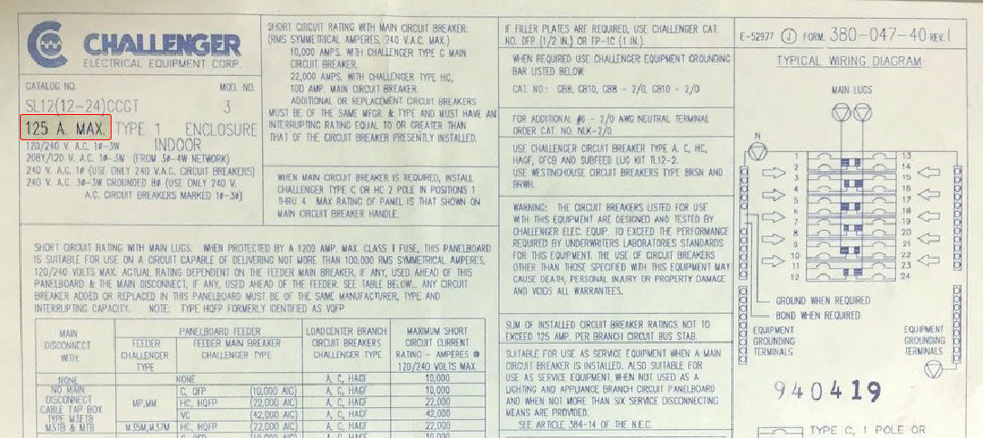 Electrical Distribution Panel Manufacturer Label with Allowed Max Current Highlighted