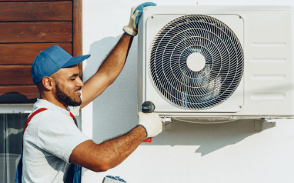 Repairman in Uniform Installing Outside Air Conditioning Unit